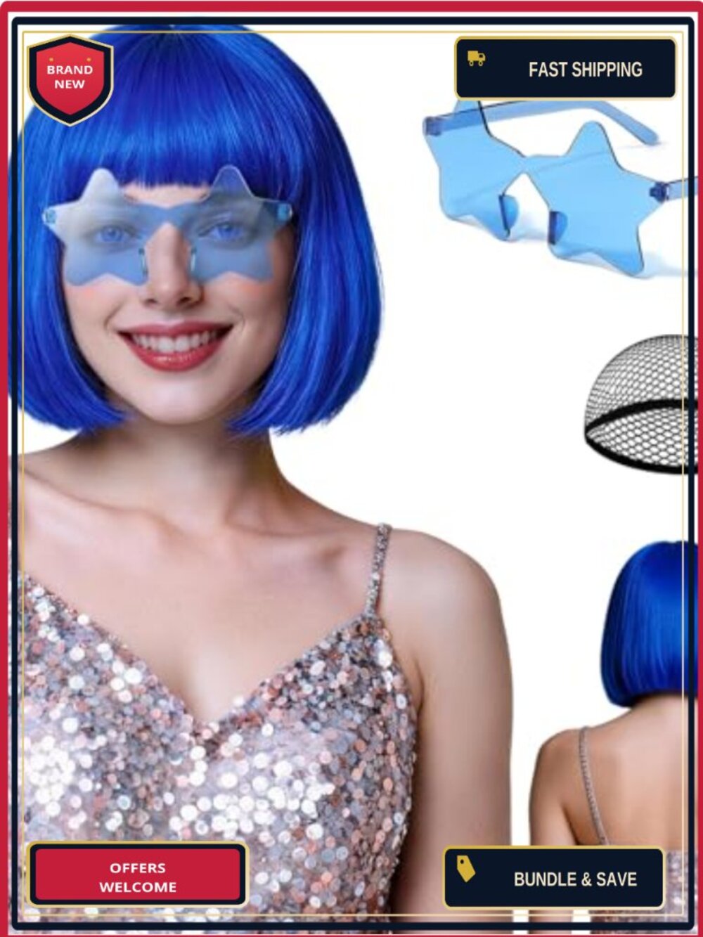 Bob Wig with Bangs and Star-Shaped Sunglasses Costume Set